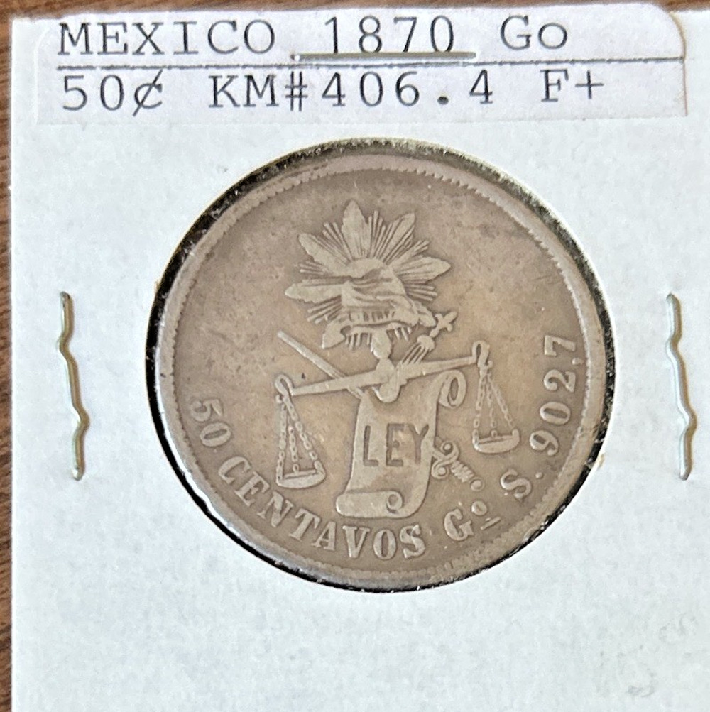 Mexico 1870 50 Centavos Silver KM#407.4 Second Republic Guanajuato scarce date